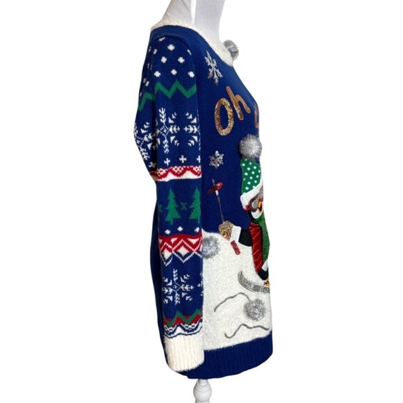 Ugly Christmas Fuzzy Tunic Sweater Size M Penguin Blue Pullover Winter Ski Poms - Picture 4 of 12